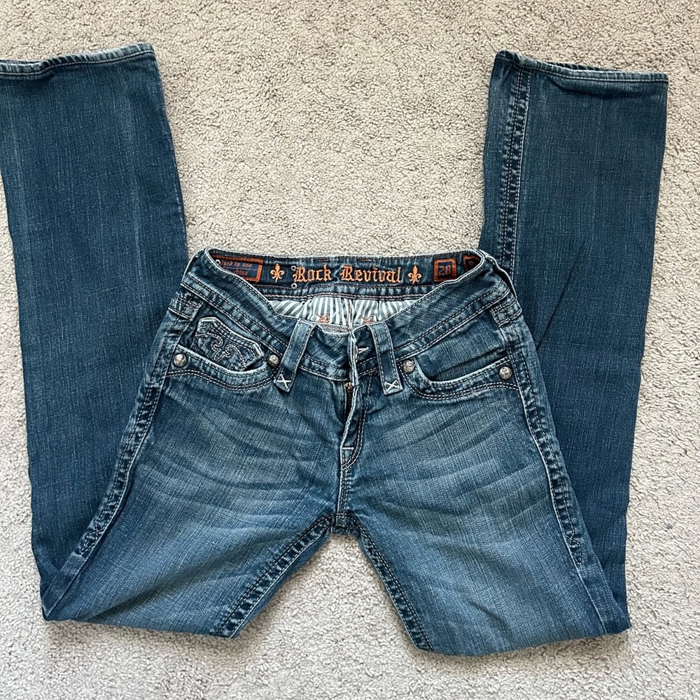 Rock Revival Boot Flare LR Jeans Women's 28  Dark Wash Blue Denim Embroidered